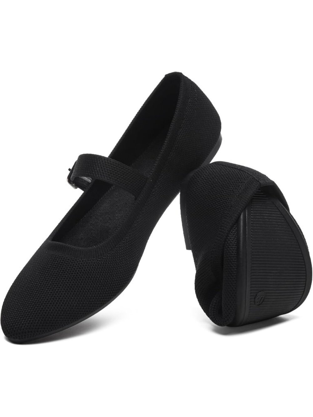 Women's Black Mesh Adjustable Buckle Strap, Pointed Toe Lightweight Ballet Flat